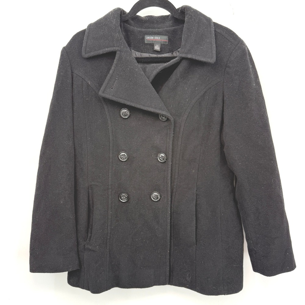 Jason Kole Vintage Peacoat Women L‎ Black Wool Blend Double Breasted Classic Y2K